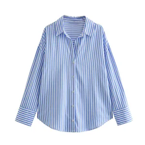 Front view detail of a blue and white vertical striped satin textured women's button-down shirt.