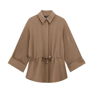 Elegant brown long-sleeve lapel shirt with adjustable drawstring waist for women