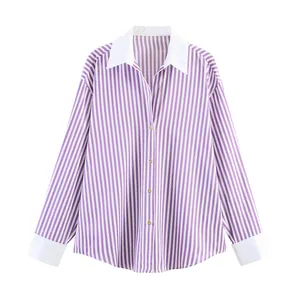 Close-up of purple and white striped long sleeve shirt with white collar and cuffs.
