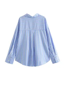 Back view detail of a blue and white striped satin texture shirt with a buttoned cuff.