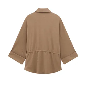 Back view of brown long-sleeve casual shirt featuring a drawstring waist detail