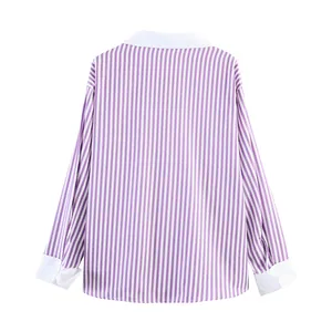 Back view of a casual loose purple striped long sleeve shirt with white contrast collar