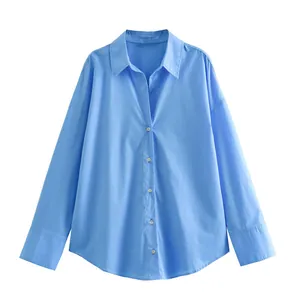 Front view of a light blue long-sleeved button-down shirt with a smooth satin finish