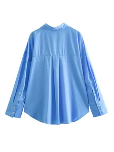 Back view of light blue long-sleeved shirt with elegant silk-satin texture drape