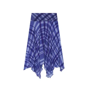 Detailed view of the blue plaid irregular flared skirt with an asymmetrical handkerchief hem