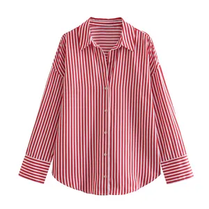 Detailed view of red and white vertical striped satin shirt with elegant collar