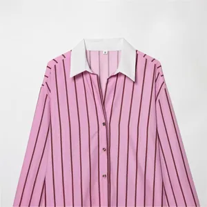 Stylish pink striped long-sleeve shirt with contrast white lapel collar for women