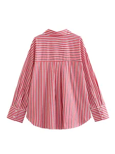 Back view of a red and white vertical striped long-sleeved satin shirt for women