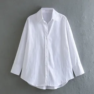 Classic white long-sleeved button-down blouse with an oversized fit for women