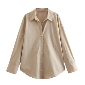 Front view of women's khaki silk satin texture button-down shirt with a drapey finish