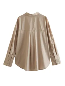 Detailed back view of khaki long-sleeved shirt with yoke and center pleat detail