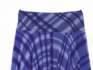 Detailed view of the waistband on a blue and purple plaid printed chiffon skirt