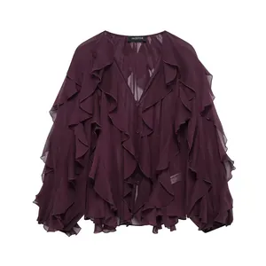 Dark purple sheer chiffon blouse with dramatic layered ruffles and V-neckline