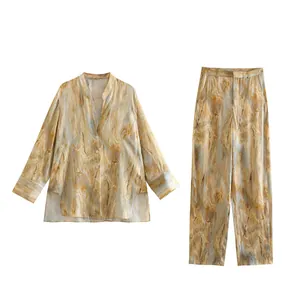 Women's Satin Tie-Dye Print Shirt And Straight Leg Pants Set Casual Marble Pattern Blouse And Trousers Streetwear