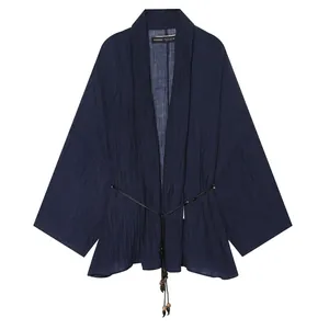 Detailed view of navy blue crinkle-textured semi-sheer kimono jacket with beaded tie