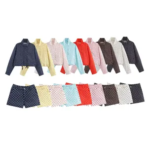 Detailed view of nine different color variations for the polka dot jacket and shorts set