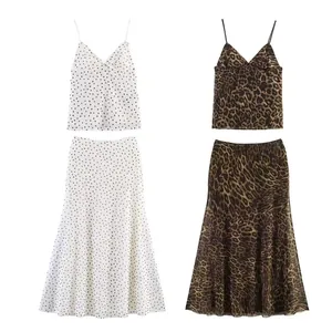 Women European Style Mesh Top And Bottom Polka Dot Leopard Print V Neck Cami Top Midi A Line Skirt Summer Streetwear