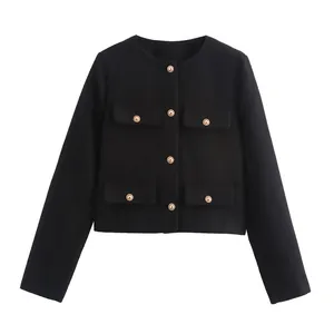 Classic black cropped round-neck jacket with gold-tone decorative buttons and pockets