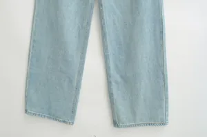 Close-up detail of the stitching and light blue wash on wide-leg denim jeans fabric