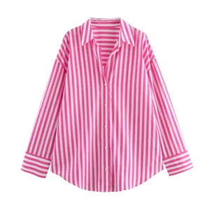 Front view of pink and white vertical striped long-sleeve shirt with lapel