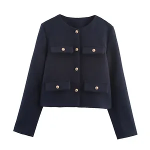 Front view of a navy blue short tweed jacket featuring elegant gold buttons and pockets.