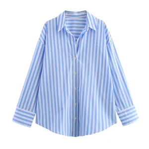Close-up detail view of a classic blue and white vertical striped shirt with buttons