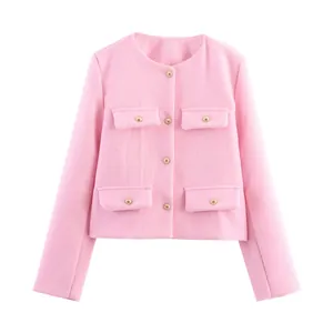 Elegant pink tweed-style short jacket with gold buttons and four pockets for women.