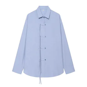 Chemise en Pur Lin pour Femmes Style Chinois Moderne Boutons Grenouille Laçage Bleu Clair Chemisier Décontracté d'Été