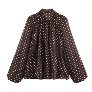 Elegant brown polka dot blouse with gathered high neck and long sleeves for women