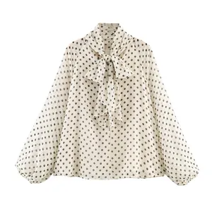 Elegant long sleeve polka dot printed blouse with fashionable bow tie neck design
