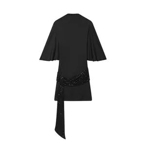 Vestido Corto sin Espalda para Mujer Patchwork Lentejuelas Manga Corta Manga Mariposa Cuello en V Fiesta Noche Verano Casual