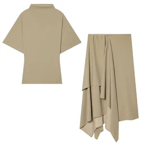 Elegant two-piece set featuring semi-high collar top and asymmetrical draped khaki skirt