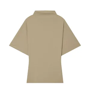 Rear view detail of a chic khaki mock neck top with wide short sleeves