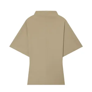 Back view of a minimalist khaki mock neck top featuring short wide sleeves design