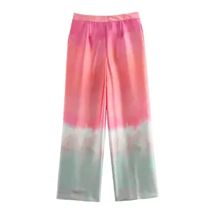 Detailed view of summer tie-dye print satin straight-leg pants with pink gradient