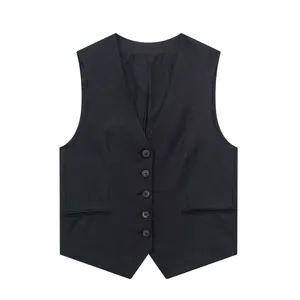 Front view detail of a dark gray linen blend V-neck waistcoat for women.