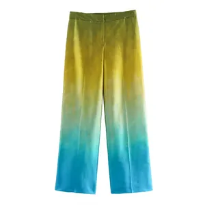 A close-up shot showing the gradient fabric texture of these satin straight-leg pants