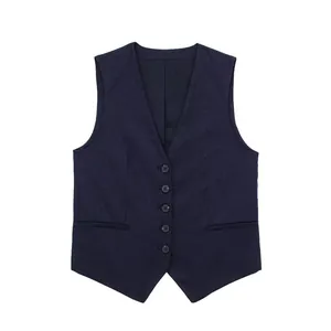 Front view detail of a classic navy blue linen blend button-down vest for women