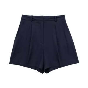 Detailed front view of women's navy blue linen blend high-waisted wide-leg shorts
