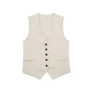 Premium linen-blend vest featuring a deep V-neck and five decorative black buttons