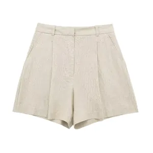 Beige high-waisted linen blend shorts for women with pleated front design
