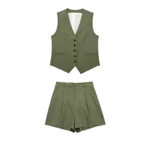 Sophisticated olive green linen blend two-piece set featuring tailored vest and pleated shorts