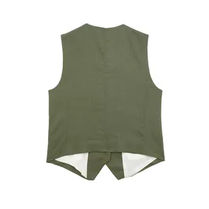Detailed back view of olive green linen blend vest, part of a summer casual clothing set