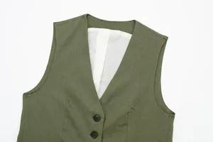 Close-up view of the V-neckline and button details on an olive green linen blend waistcoat