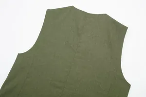 Detailed back view of an olive green linen blend vest featuring clean seam lines