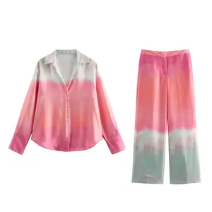 Elegant summer tie-dye satin long sleeve shirt and matching straight leg pants two-piece set