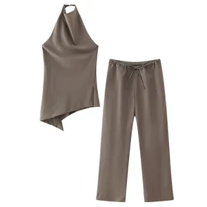 Completo Donna Con Top Scollo All'americana E Pantaloni a Gamba Larga Estate Casual Tinta Unita Top And Bottom Abbigliamento Moda Strada