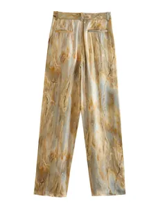 Elegant tie-dye marble print straight-leg trousers featuring a premium satin texture