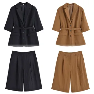 Women Casual Linen Blazer Jacket And Shorts Top And Bottom Outfit Breathable Half Sleeve Tie Front Top And Shorts