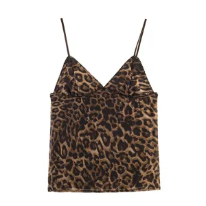 Leopard print mesh camisole top with elegant spaghetti straps and V-neckline detail